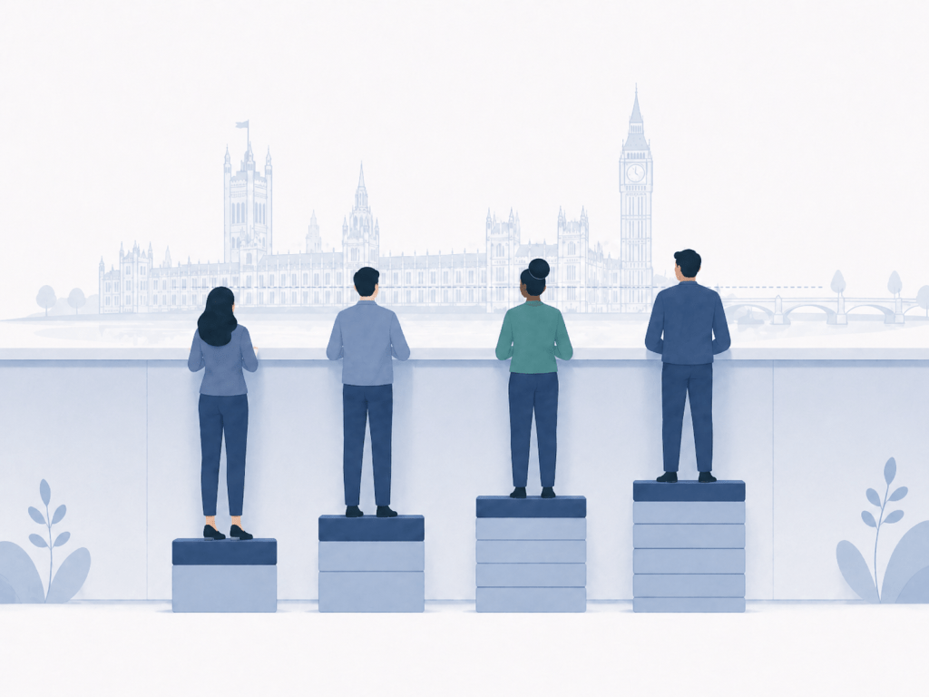 Illustration of diverse people using different-height platforms to look over a barrier towards Westminster, representing fairer access to public sector careers.