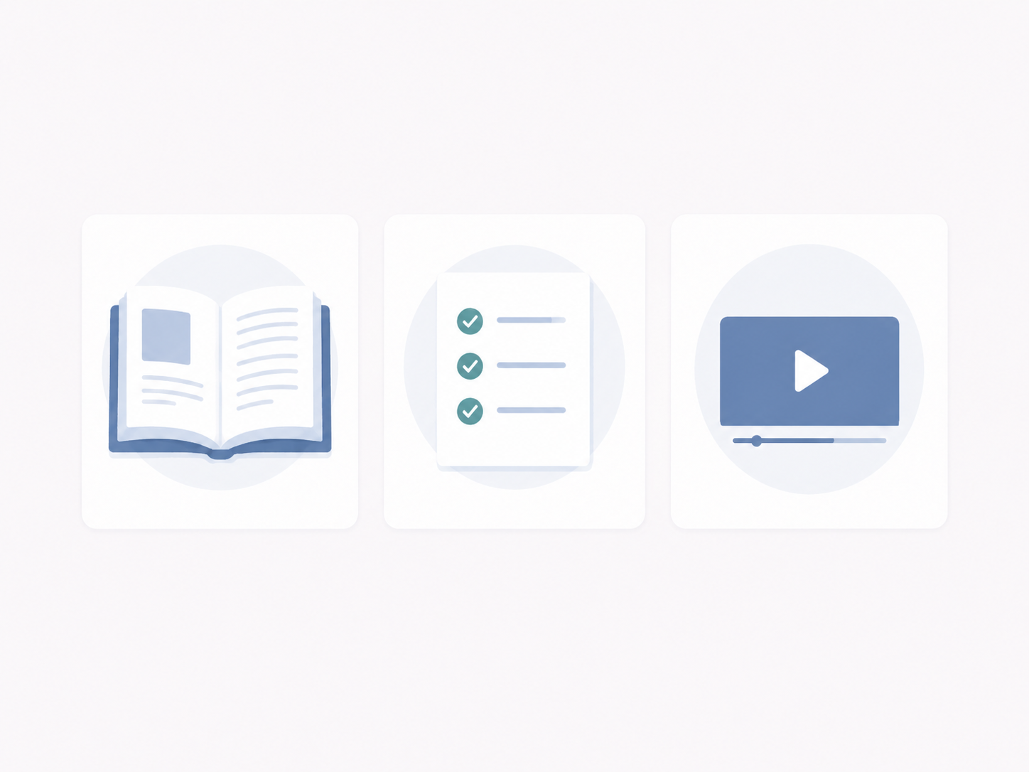 Illustration of an open guide, checklist and video player representing free career resources.