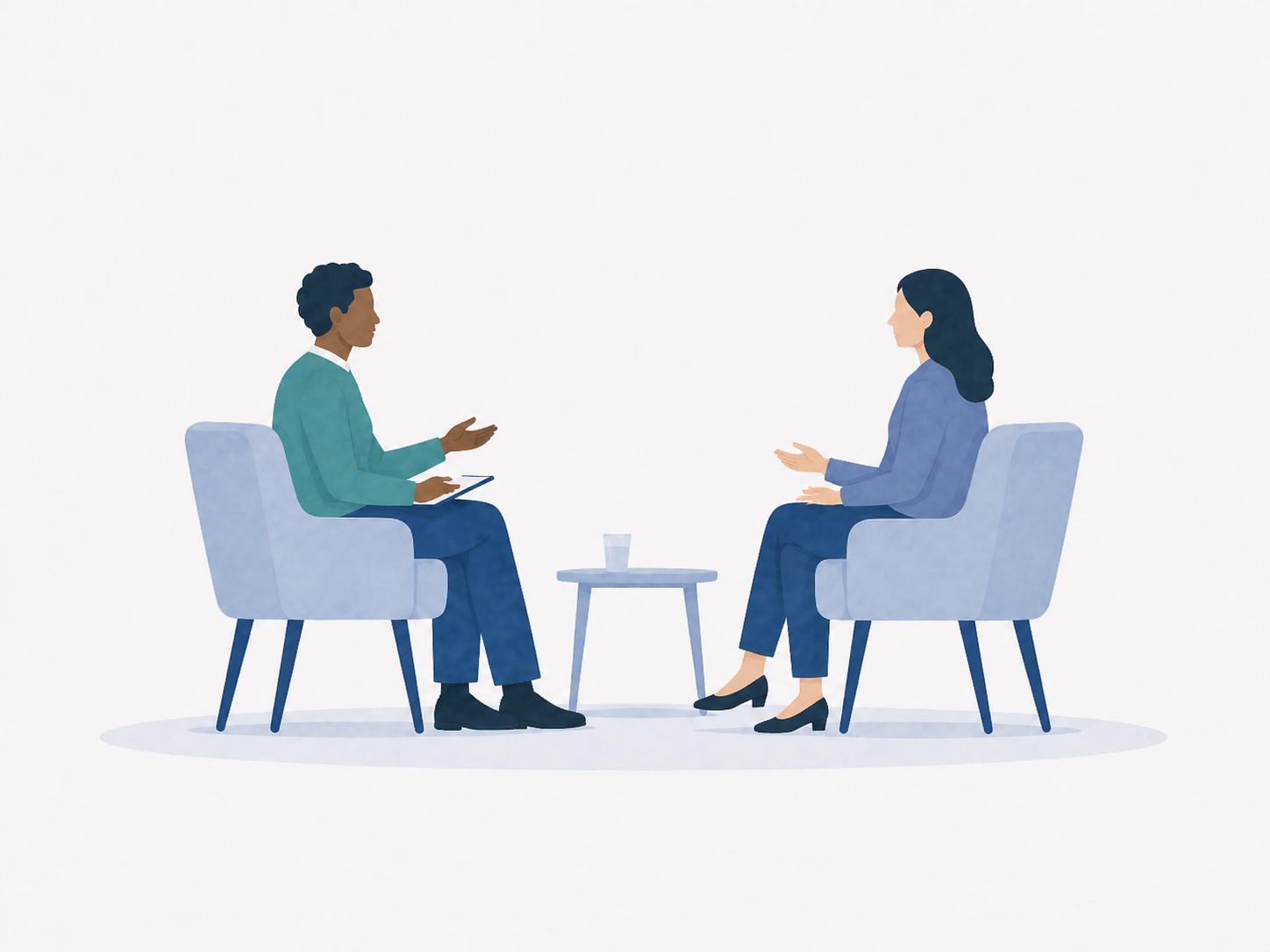 Illustration of a Black interviewer speaking with a guest in a calm interview-style conversation.