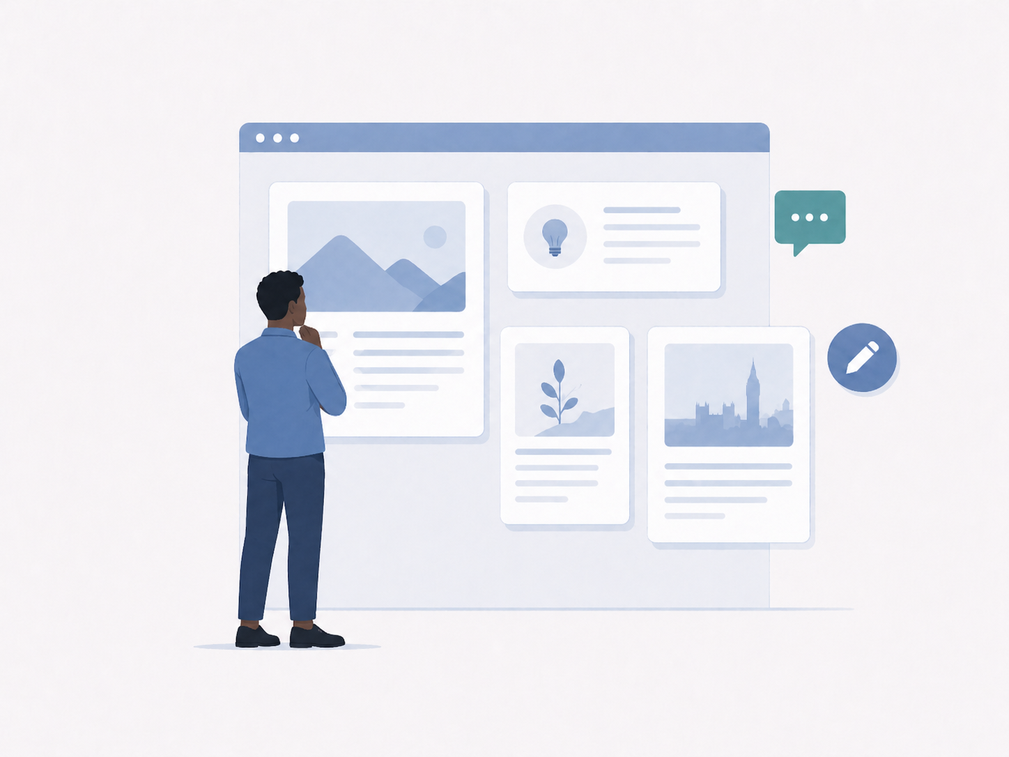 Illustration of a Black man looking at a digital blog page with article cards and career content.