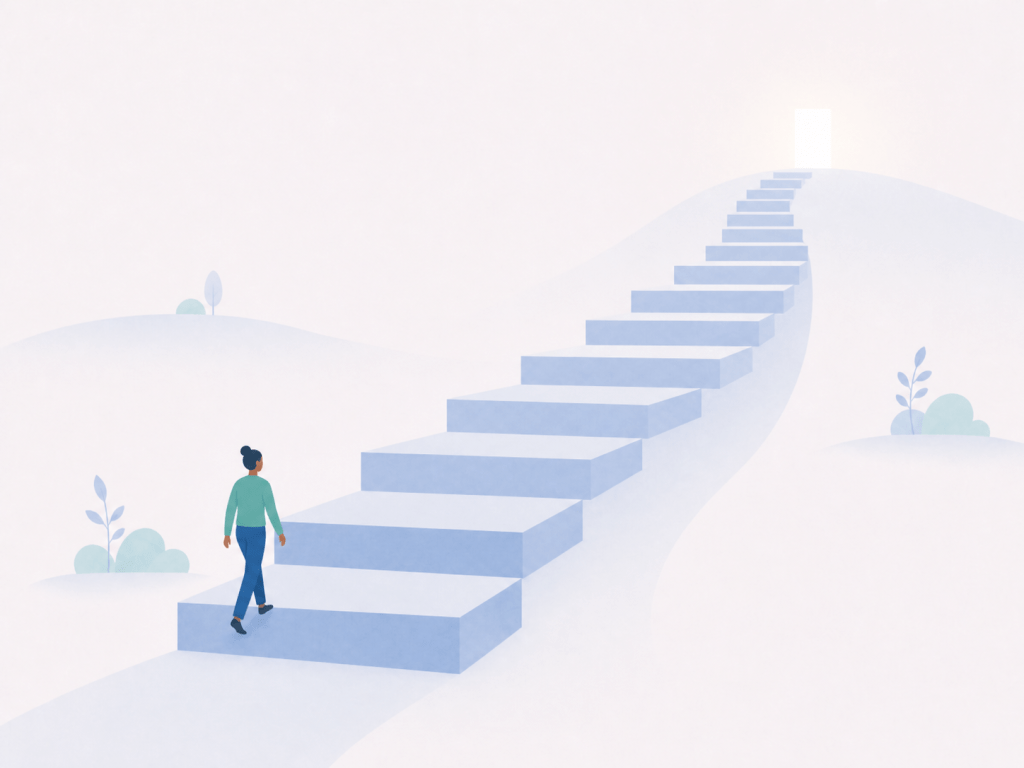 Someone walking up a flight of stairs on a hill